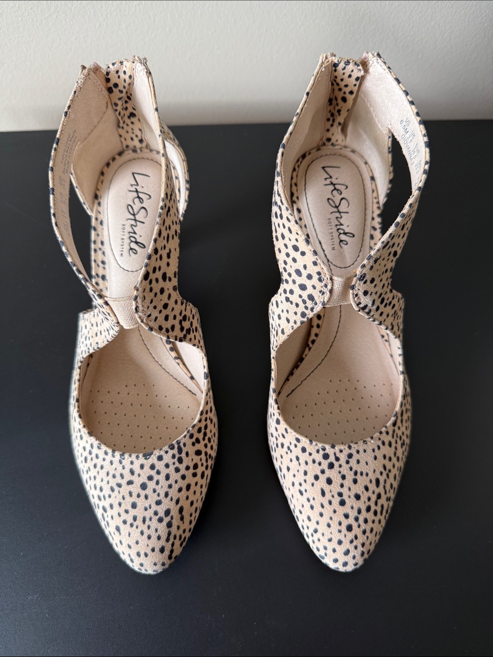 Life Stride Beige and Black Dotted Pointed Toe Heels